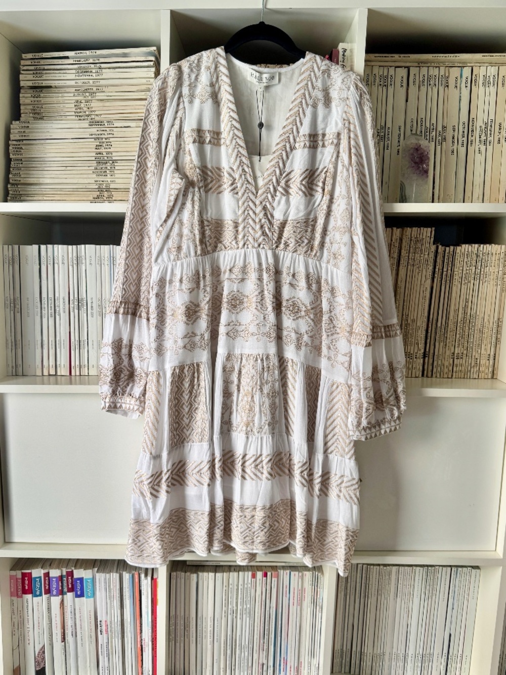 Hale Bob Lucia Dress White with Gold Embroidered details Long Sleeve NWT